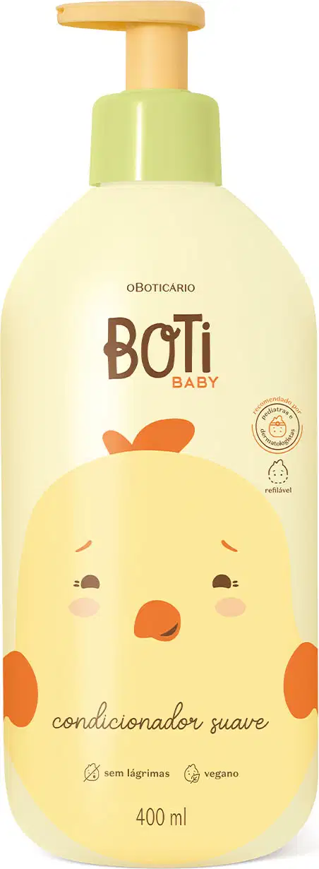 Frasco amarelo claro com ilustração de um passarinho amarelo com detalhes laranjas e bomba dosadora laranja contendo 400ml de condicionador suave da marca Boti Baby.