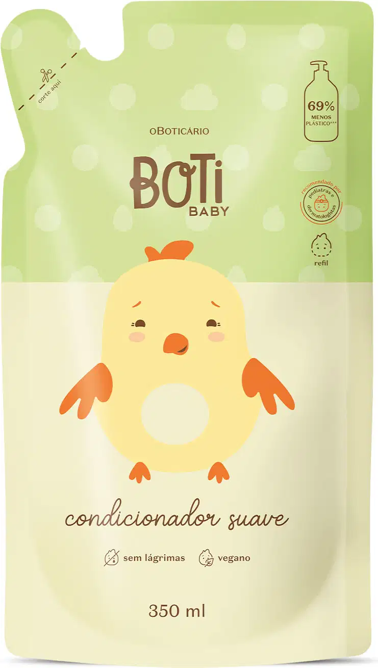 Refil de condicionador suave da marca Boti Baby em forma de sachê nas cores rosa e amarelo claro com ilustração de passarinho amarelo com detalhes laranjas.