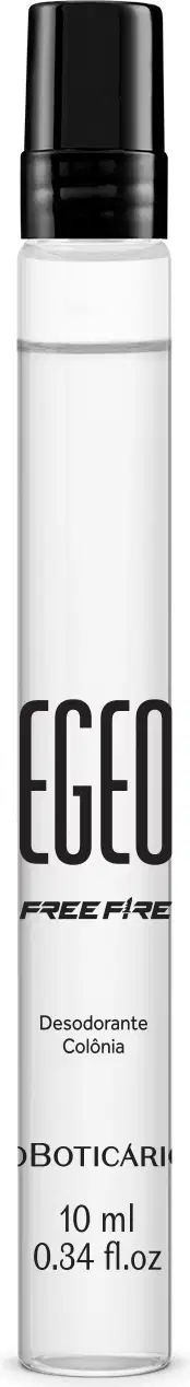 Frasco transparente cilíndrico com tampa e letras pretas contendo 10ml de desodorante colônia Egeo Free Fire.