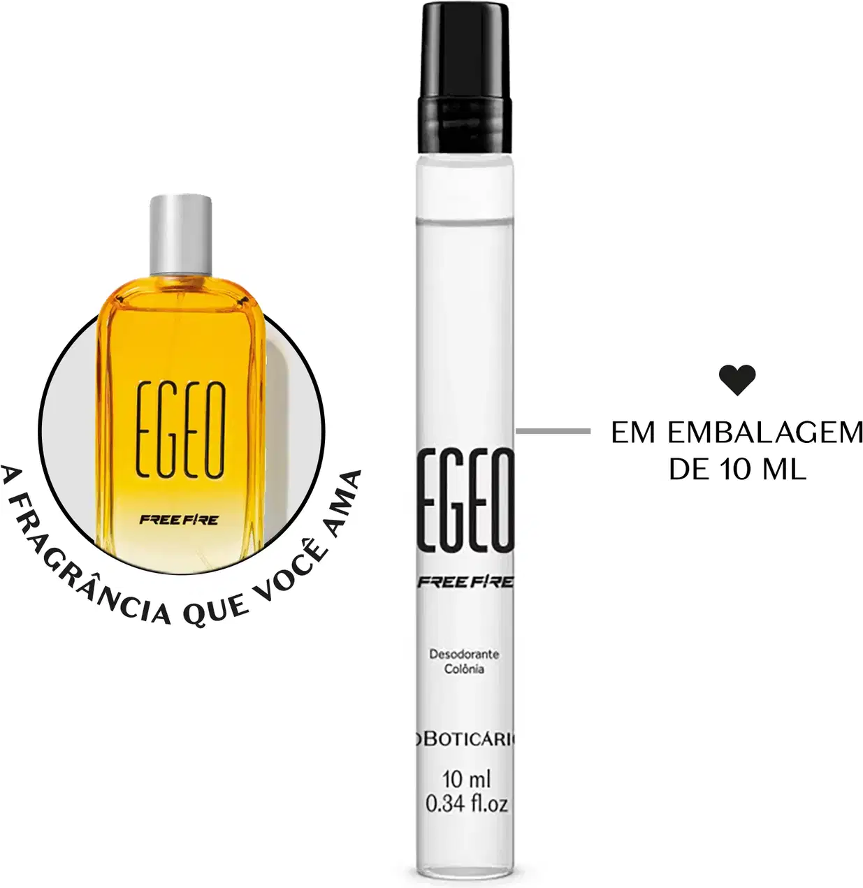 Frasco transparente cilíndrico com tampa e letras pretas contendo 10ml de desodorante colônia Egeo Free Fire. Ao lado, o frasco original da fragrância em vidro laranja com tampa prateada e letras pretas.