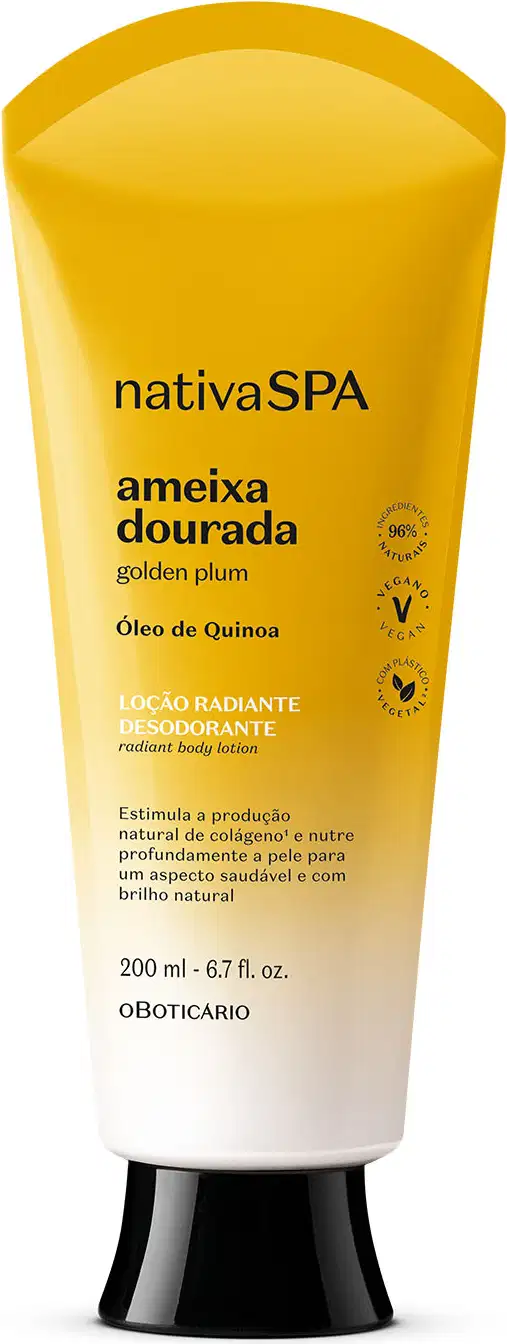 Frasco com degradê de amarelo e branco, tampa e letras pretas contendo 200ml de loção radiante corporal Nativa SPA Ameixa Dourada.