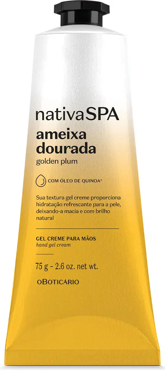 Bisnaga com degradê de prata e amarelo com tampa e letras pretas contendo 75g de gel creme para as mãos da marca Nativa SPA Ameixa Dourada.