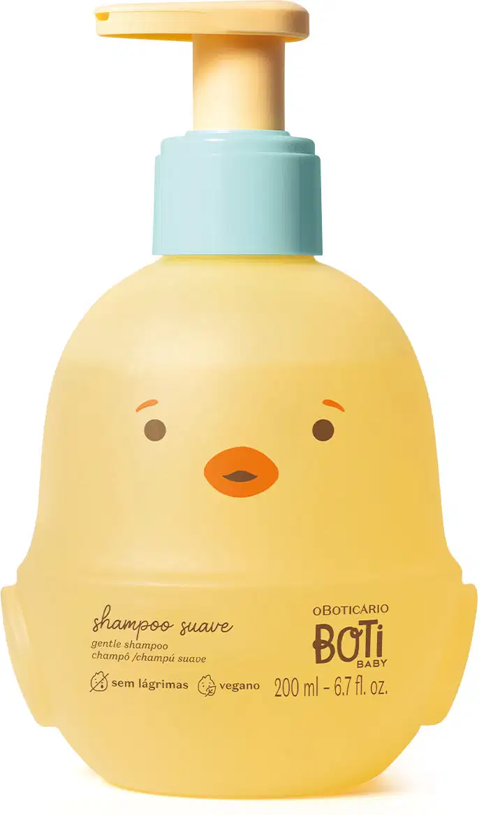Frasco em forma de passarinho amarelo com detalhes laranjas, tampa azul e bomba dosadora amarela contendo 200ml de shampoo suave da marca Boti Baby.