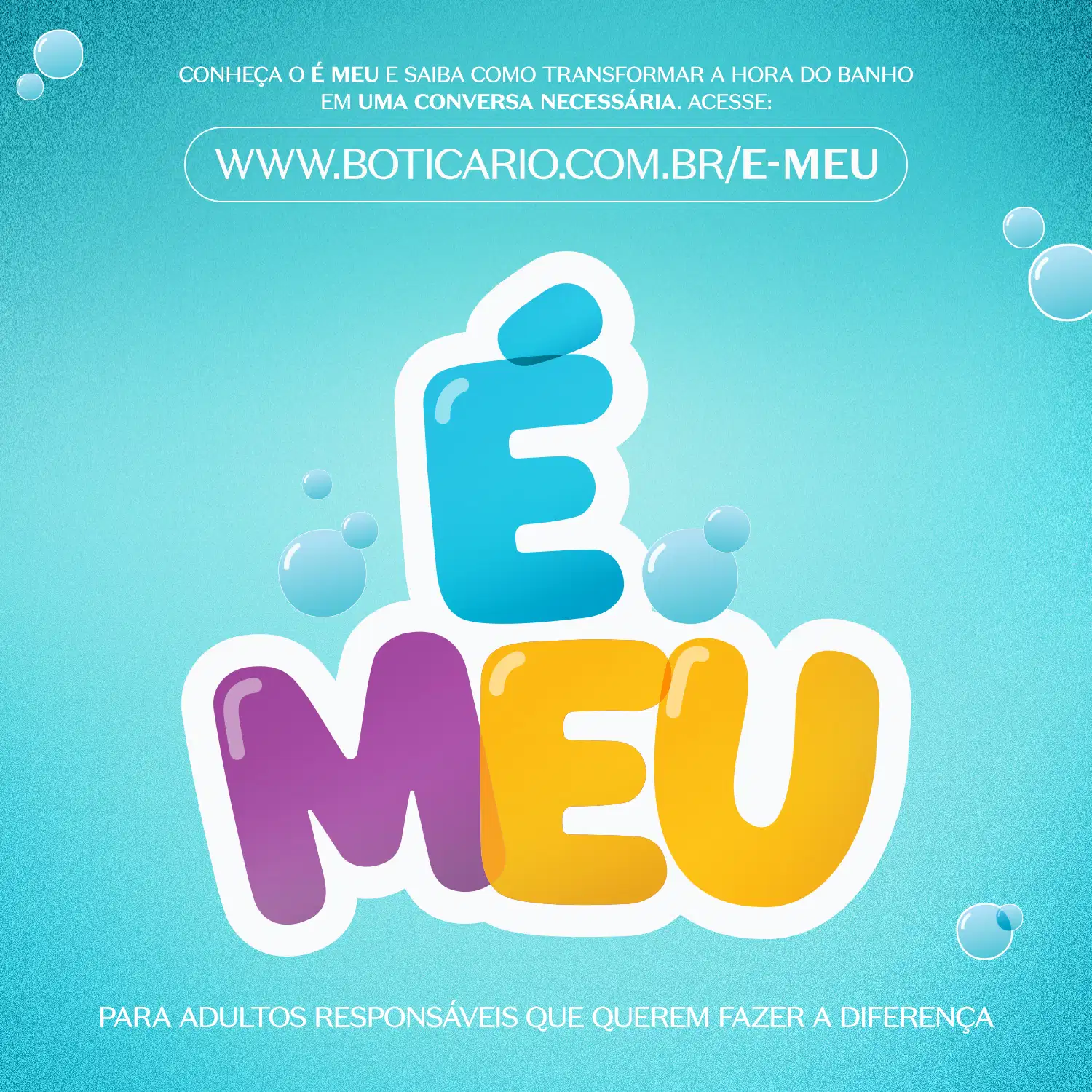 Letras grandes e coloridas com contorno branco escrito "É MEU" em fundo azul com iluminação.