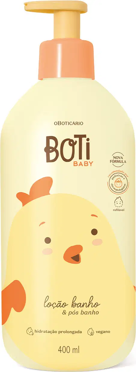 Frasco amarelo claro com ilustração de um passarinho amarelo com detalhes, tampa e bomba dosadora laranjas contendo 400ml de loção hidratante banho e pós banho da marca Boti Baby.