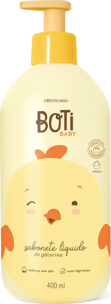 Frasco amarelo claro com ilustração de um passarinho amarelo com detalhes, tampa e bomba dosadora laranjas contendo 400ml de sabonete líquido de glicerina da marca Boti Baby.
