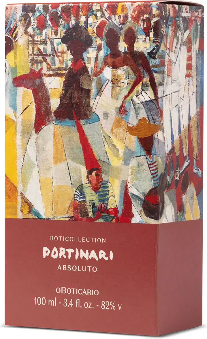 Caixa marrom com ilustrações coloridas e letras brancas contendo um vidro de 100ml de desodorante colônia Portinari Absoluto.