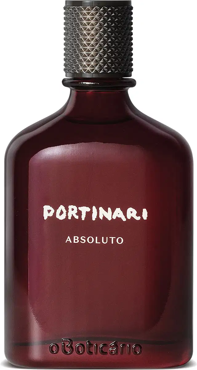 Vidro retangular marrom escuro  com tampa preta e letras brancas contendo 100ml de desodorante colônia Portinari Absoluto.