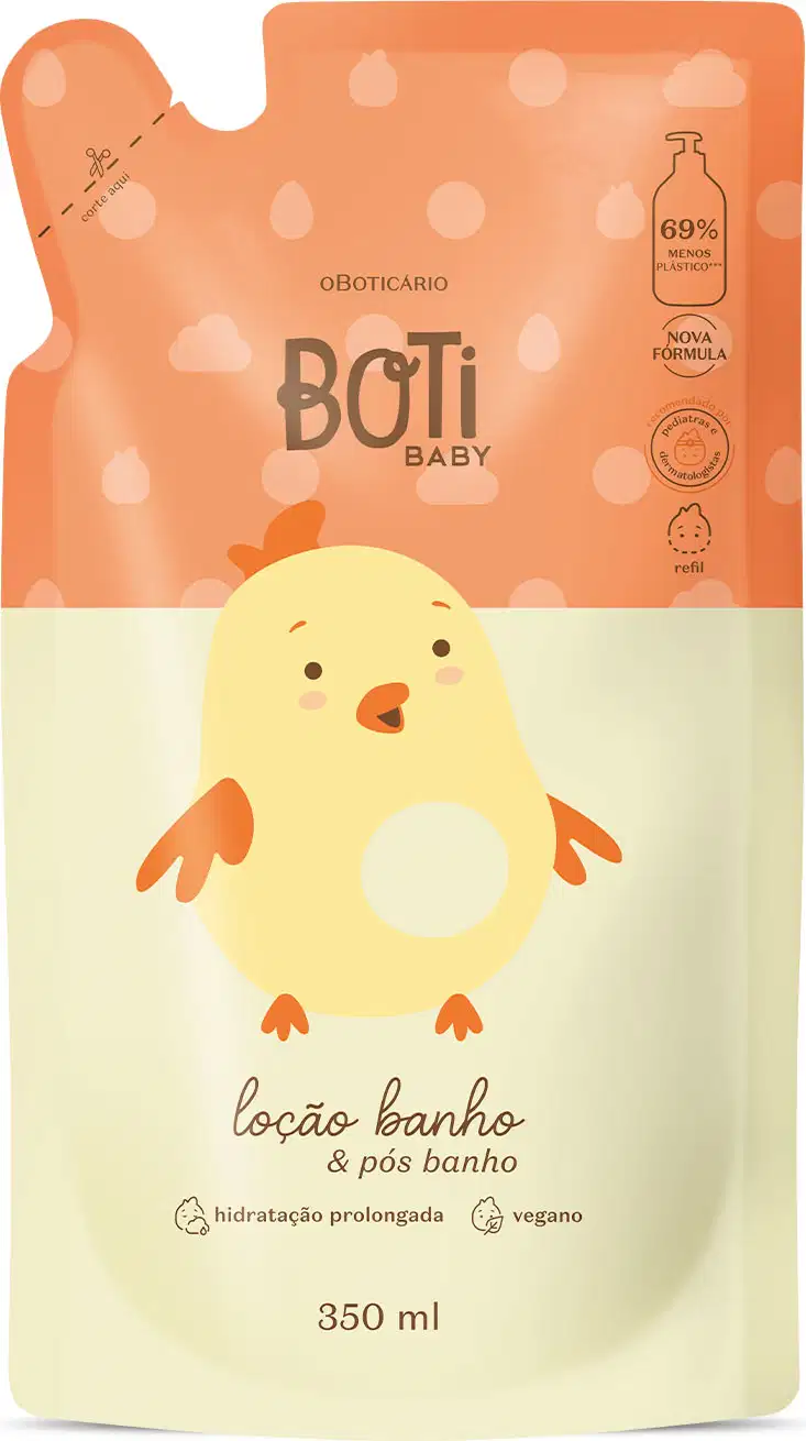 Refil de loção hidratante corporal da marca Boti Baby em forma de sachê nas cores laranja e amarelo claro com ilustração de passarinho amarelo com detalhes laranjas.