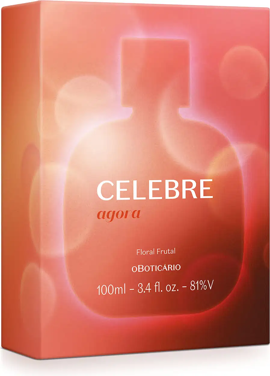 Caixa laranja mostrando a silhueta do item de perfumaria com um contorno iluminado e flashes brancos contendo um vidro de 100ml de desodorante colônia Celebre Agora Feminino.