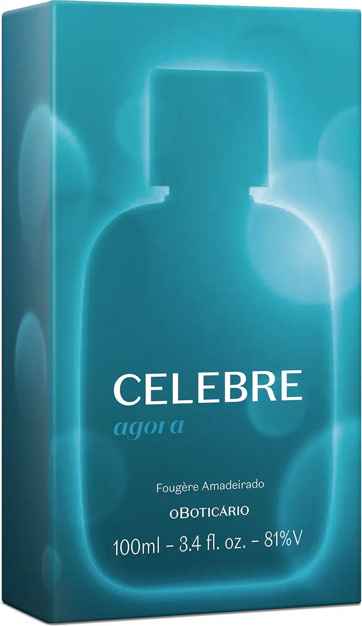 Caixa azul mostrando a silhueta do item em um contorno iluminado e flashes de luzes, contendo um vidro de 100ml de desodorante colônia Celebre Agora Masculino.