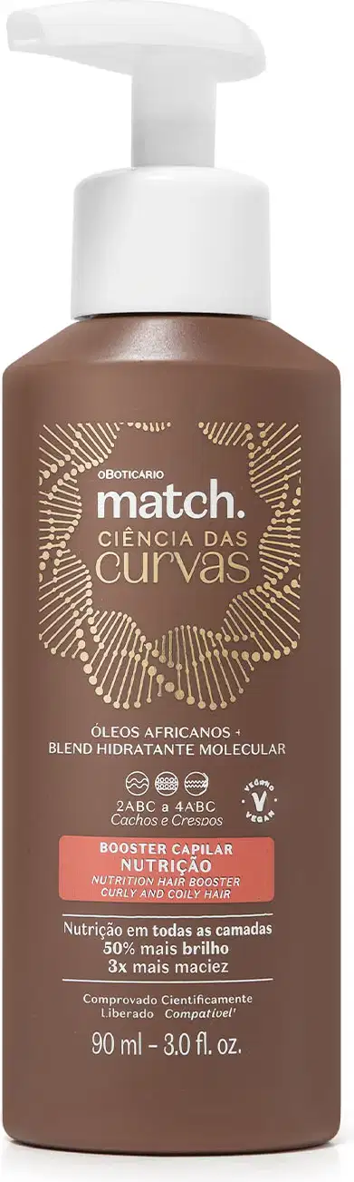 Frasco marrom com bomba dosadora branca e letras brancas e bege claro contendo 90ml de booster capilar Nutrição Match Ciência das Curvas.