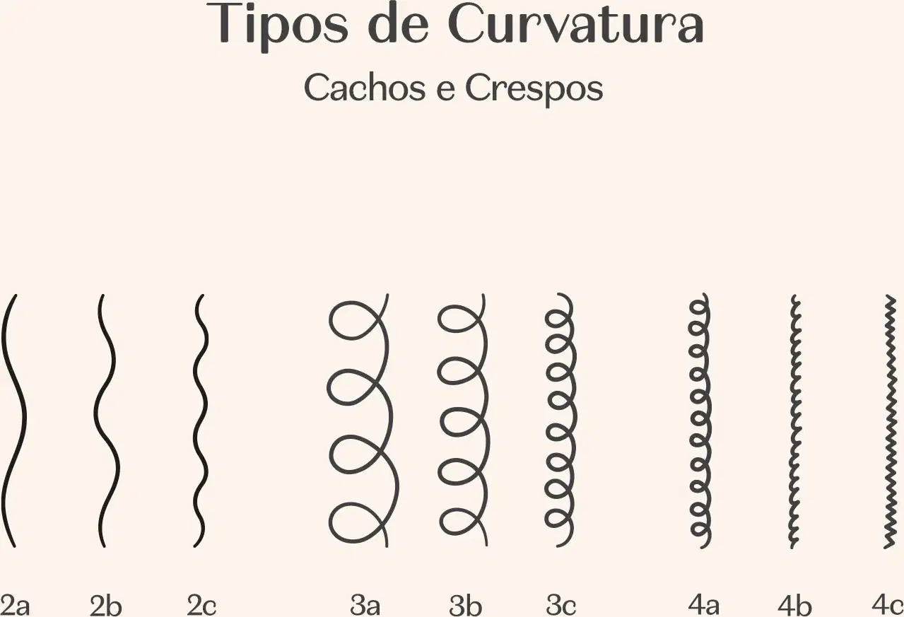 Imagem com ilustrações de diferentes tipos de curvatura de cachos e crespos, com legenda em português indicando os nomes de cada formato.