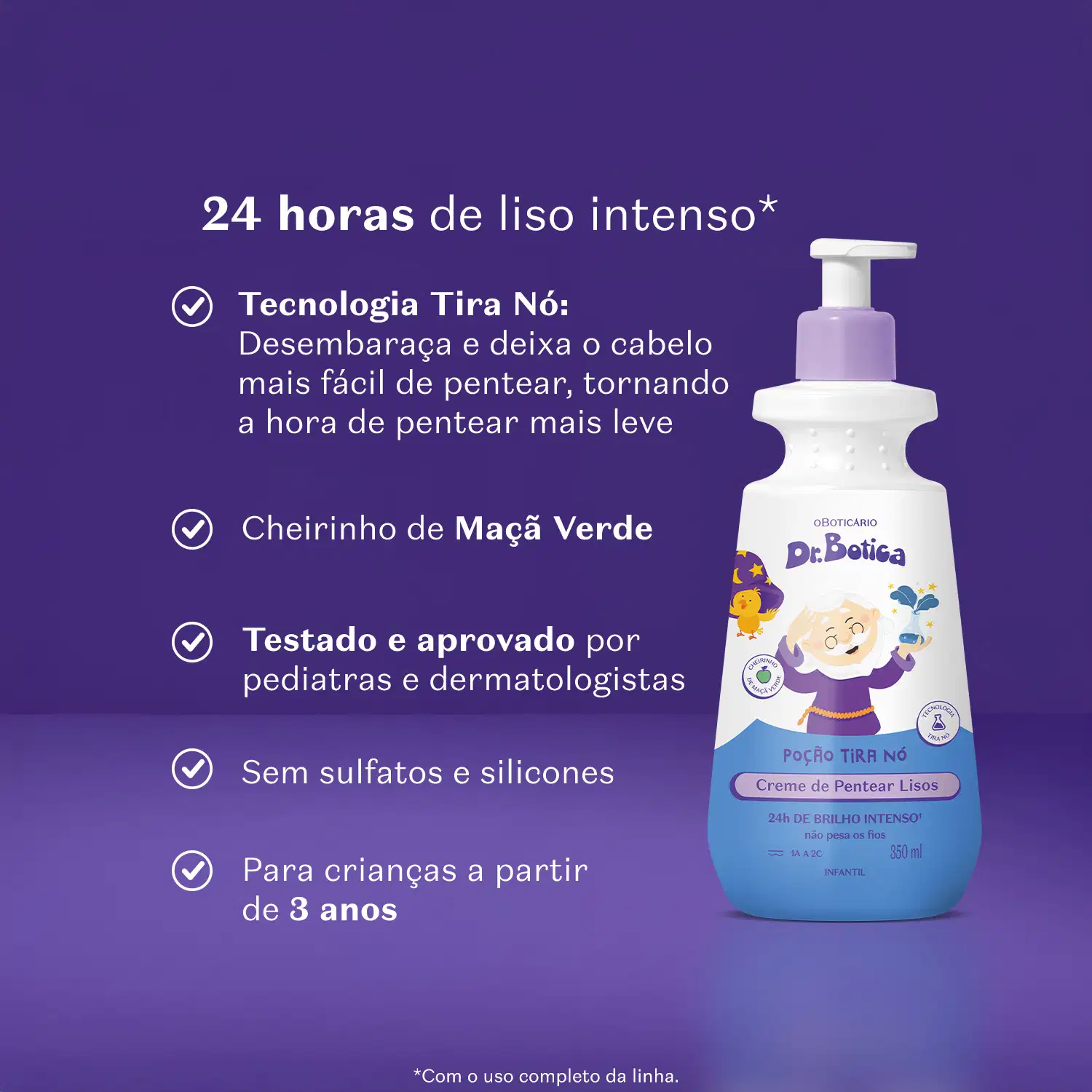 Imagem de uma embalagem branca e azul com válvula dosadora roxa de creme de pentear infantil para cabelos lisos da marca Dr. Botica em fundo azul escuro com letras brancas contando os benefícios do produto.