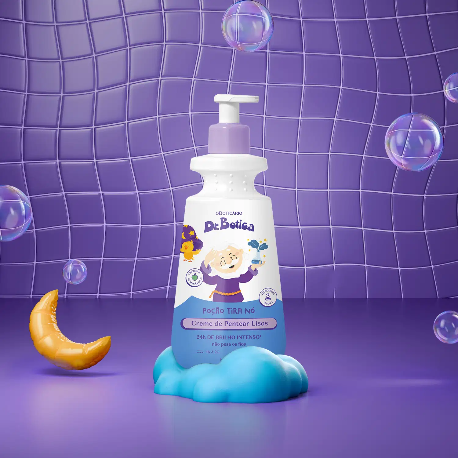 Imagem de uma embalagem branca e azul com válvula dosadora roxa de creme de pentear infantil para cabelos lisos da marca Dr. Botica em fundo azul simulando azulejo com lua, espuma e bolhas de sabão.
