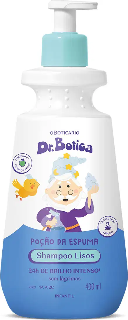 Imagem de frasco branco com bomba doseadora azul e rótulo azul com personagem da marca ilustrado, contendo 400ml de shampoo infantil para cabelos lisos da marca Dr. Botica.