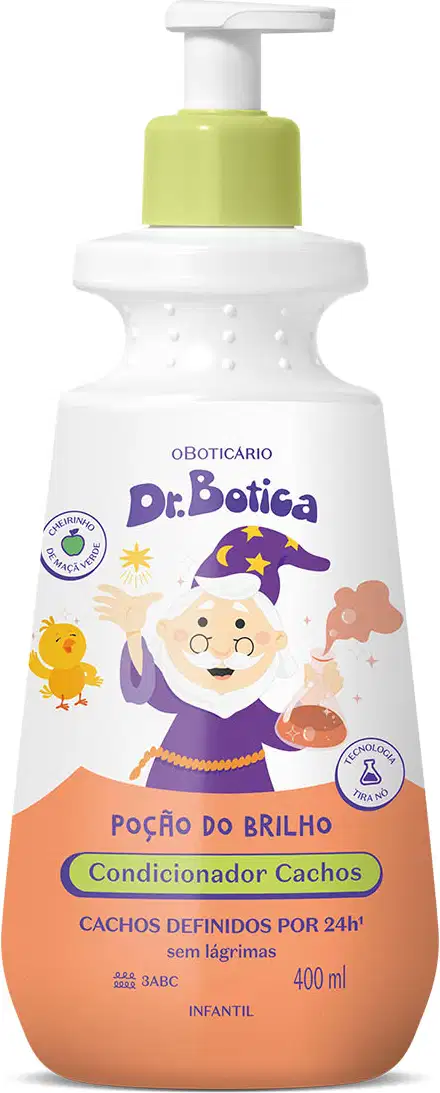 Imagem de um frasco branco com tampa dosadora amarela e rótulo em laranja com ilustração do personagem da marca Dr. Botica, contendo 400ml de condicionador infantil para cabelos cacheados.