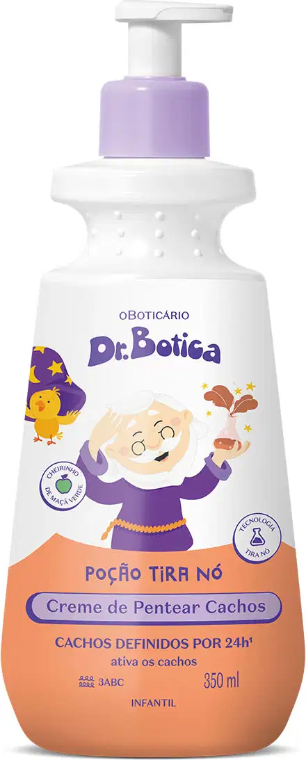 Imagem de um frasco branco com tampa dosadora roxa e rótulo em laranja com ilustração do personagem da marca Dr. Botica, contendo 400ml de creme de pentear infantil para cabelos cacheados.