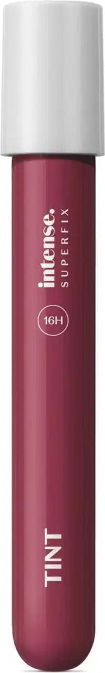 Batom líquido Superfix Tint na cor malva 535 da marca Intense em tubo transparente, mostrando a tonalidade do produto, tampa branca e letras brancas.