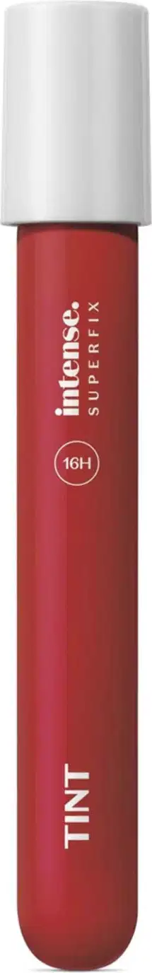 Batom líquido Tint Superfix na cor vermelha 345 da marca Intense em tubo cilíndrico na cor do produto e tapa branca.