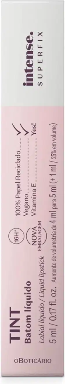 Caixa branca com letras pretas que contém um batom líquido Tint Superfix da marca Intense