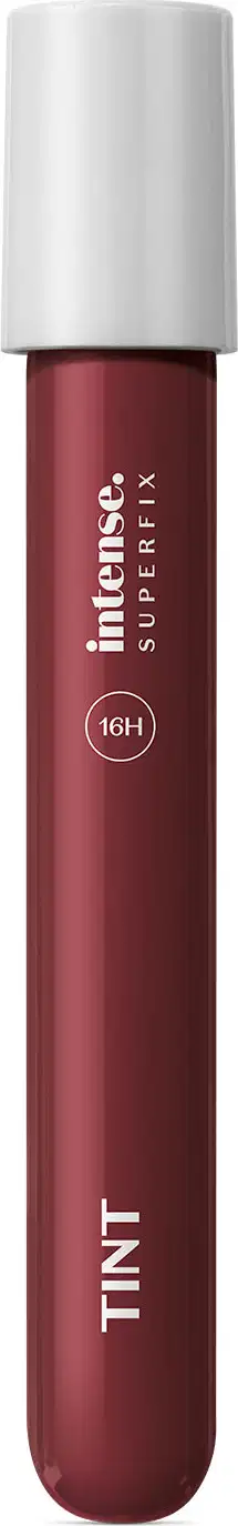 Batom líquido Superfix Tint na cor vinho 425 da marca Intense em tubo transparente, mostrando a tonalidade do produto, tampa branca e letras brancas.