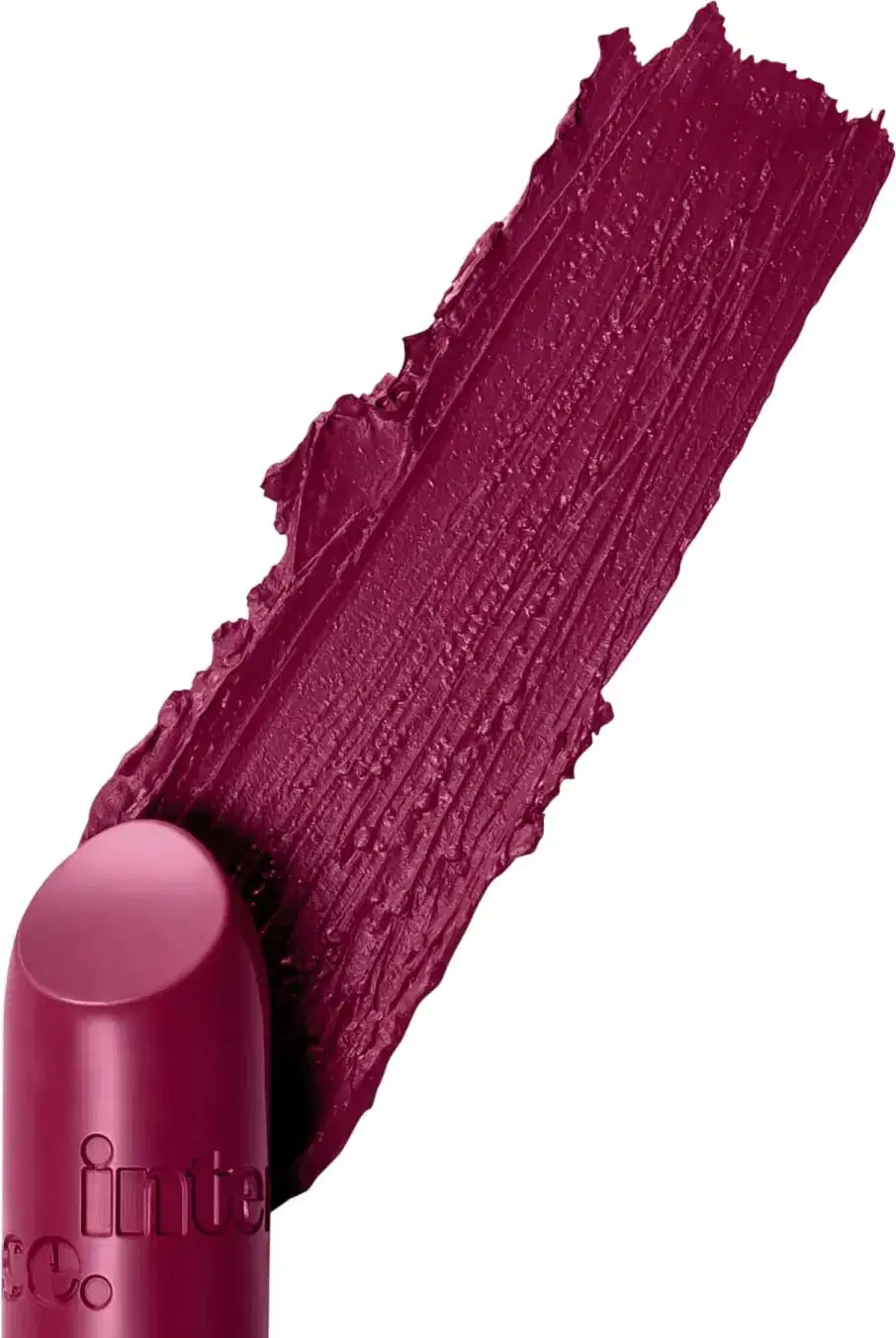 Bala de batom na cor rosa com um rastro rosa intenso, cremoso e uniforme no fundo branco.