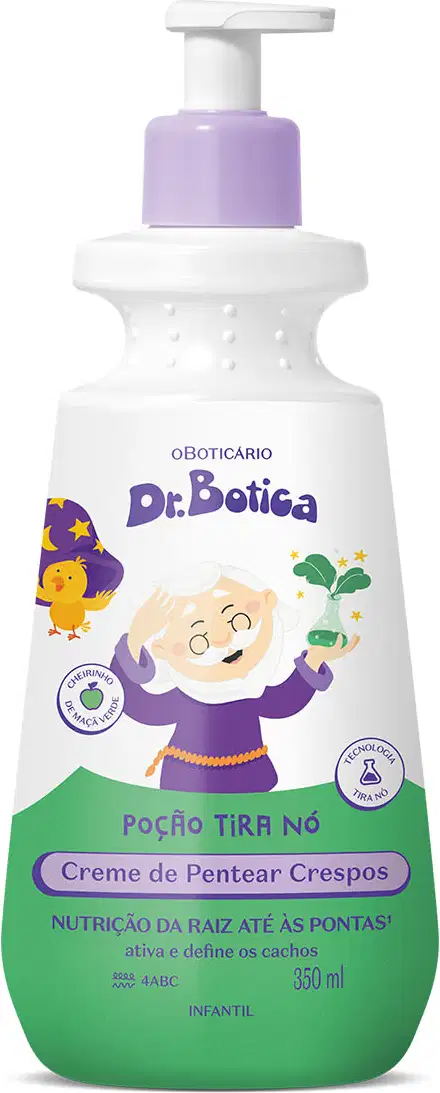 Imagem de um frasco branco com tampa dosadora roxa e rótulo em verde com ilustração do personagem da marca Dr. Botica, contendo 400ml de creme de pentear infantil para cabelos crespos.