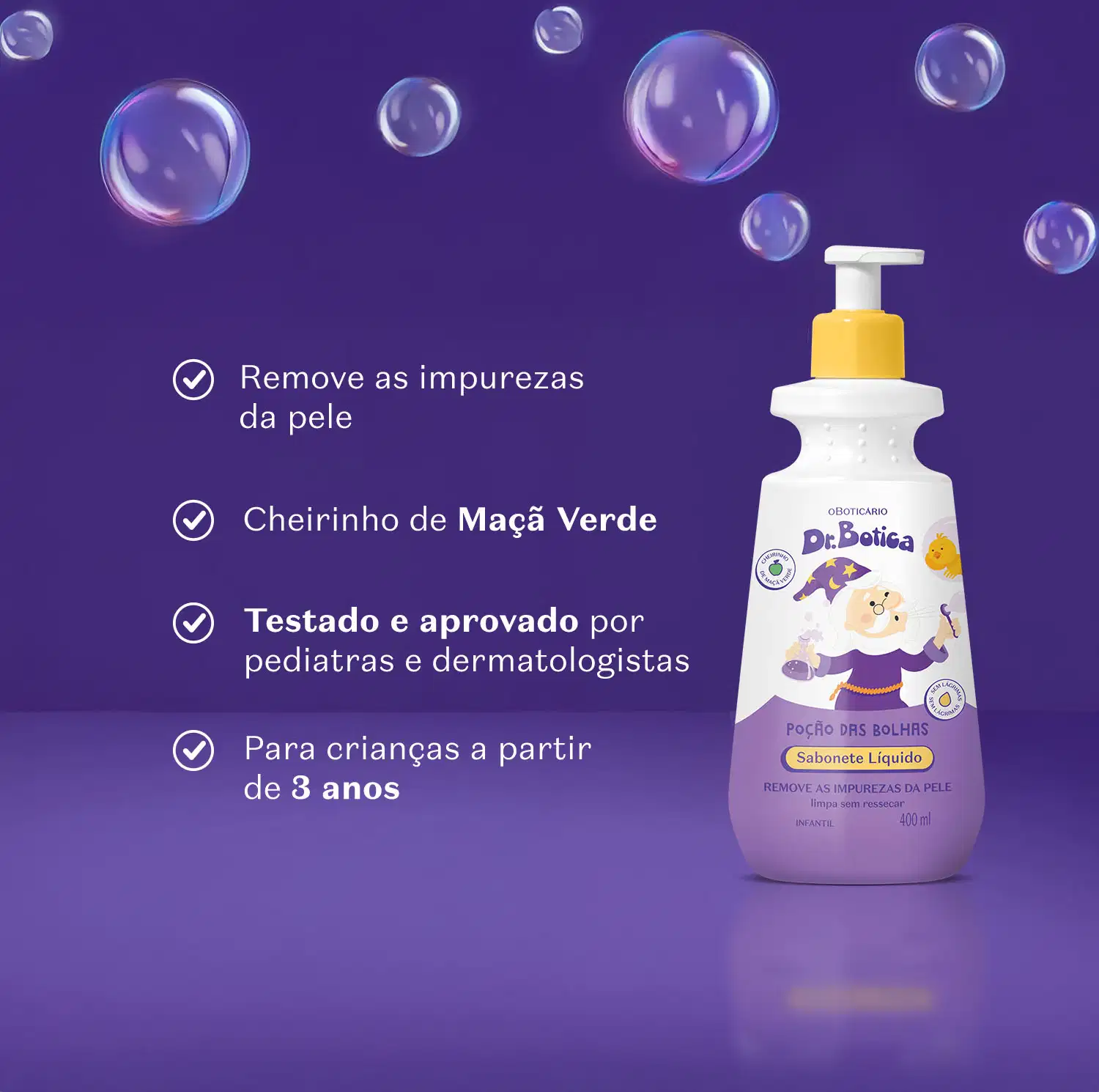Frasco branco e roxo com tampa dosadora amarela de sabonete líquido infantil em fundo azul escuro e letras brancas informando os benefícios do produto.