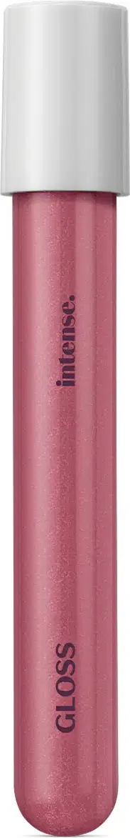 Gloss labial na cor rosa 215 da marca Intense em tubo transparente, mostrando a tonalidade do produto, tampa branca e letras pretas.