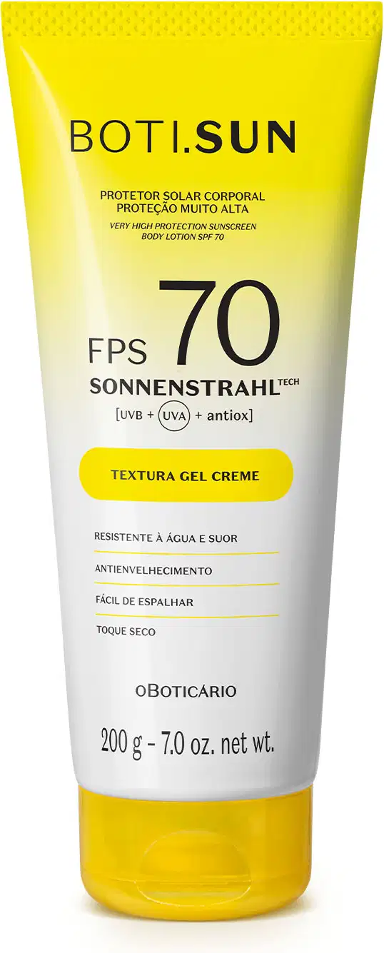 Bisnaga amarela e branca com tampa amarela e letras pretas contendo 200g de protetor solar corporal FPS 70 da marca Boti.Sun.