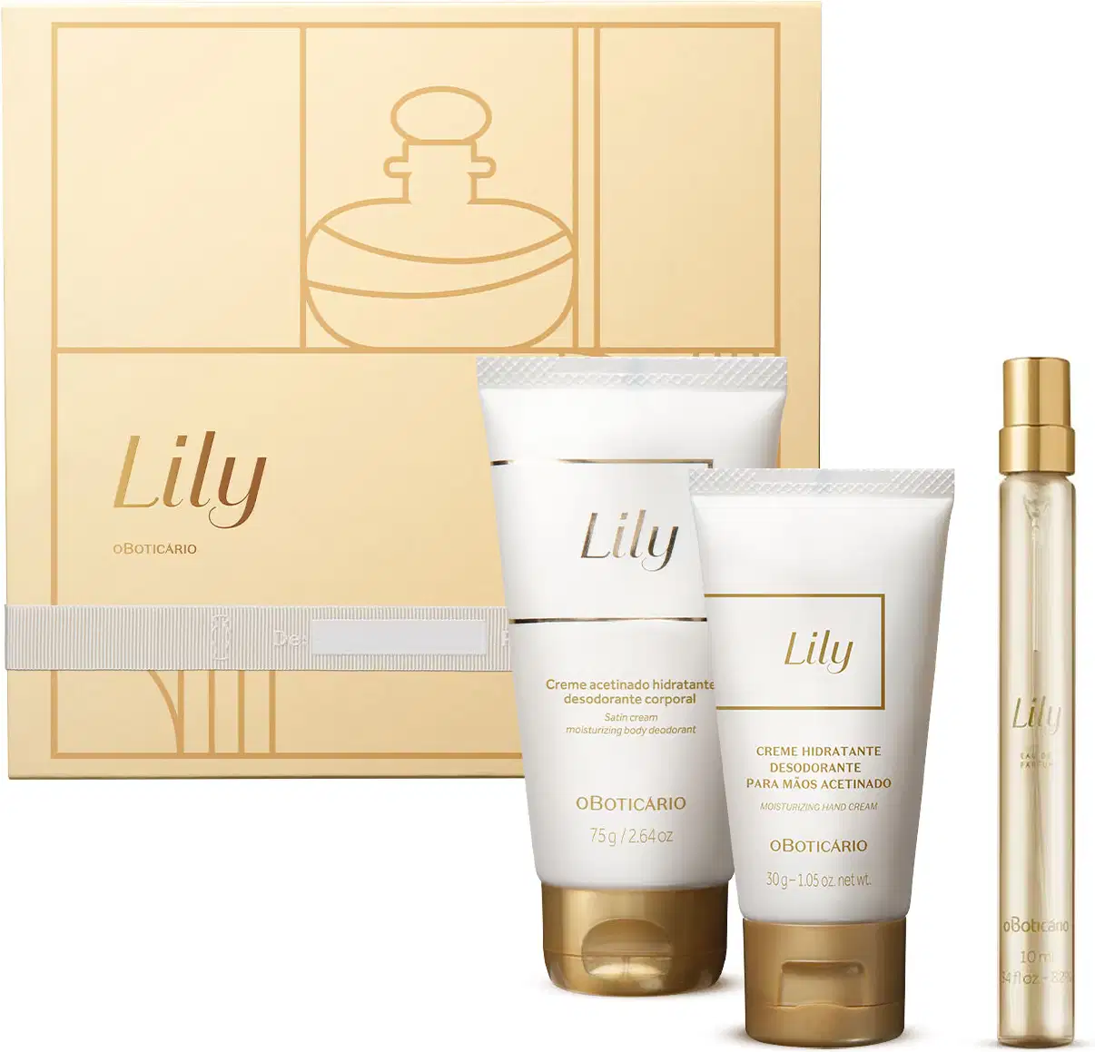 Quatro itens da marca Lily em tons de branco, bege e dourado, sendo uma caixa de presente com ilustrações e fitas, frasco de creme hidratante corporal, bisnaga de creme hidratante para as mãos e tubo de 10ml de Eau de Parfum.