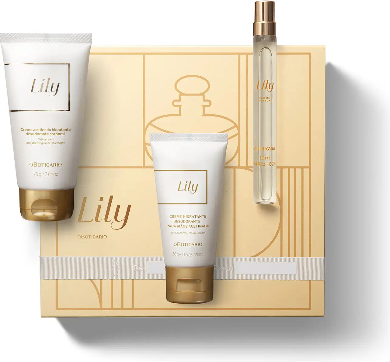 Quatro itens da marca Lily em tons de branco, bege e dourado, sendo uma caixa de presente com ilustrações e fitas, frasco de creme hidratante corporal, bisnaga de creme hidratante para as mãos e tubo de 10ml de Eau de Parfum.