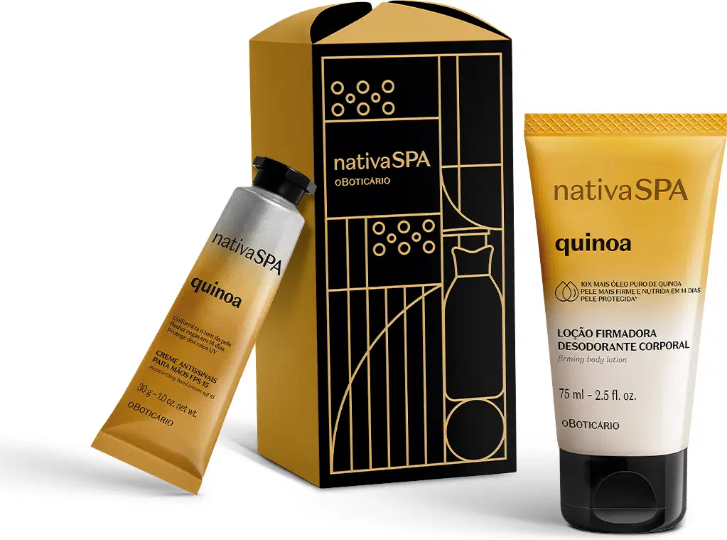 Caixa de presente retangular nas cores preta e amarelo com logo Nativa SPA e dois produtos de cuidados com a pele da marca Nativa SPA Quinoa, sendo uma bisnaga de loção desodorante corporal e uma bisnaga de creme para as mãos, ambas com com a tampa preta.