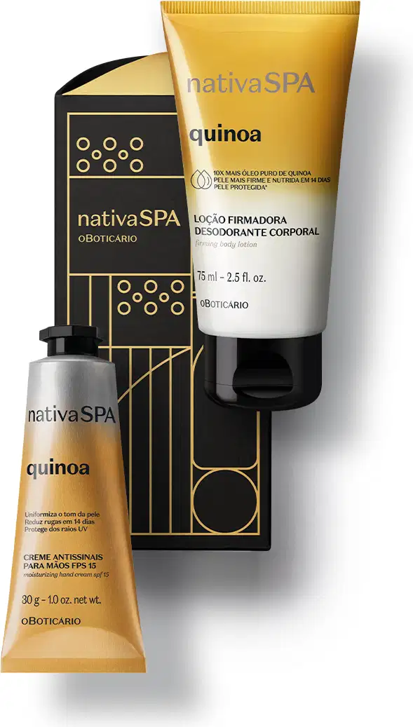 Caixa de presente retangular nas cores preta e amarelo com logo Nativa SPA e dois produtos de cuidados com a pele da marca Nativa SPA Quinoa, sendo uma bisnaga de loção desodorante corporal e uma bisnaga de creme para as mãos, ambas com com a tampa preta.