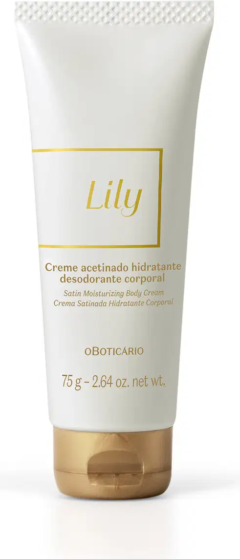 Bisnaga branca com letras e tampa douradas contendo 75g de creme acetinado hidratante corporal da marca Lily.
