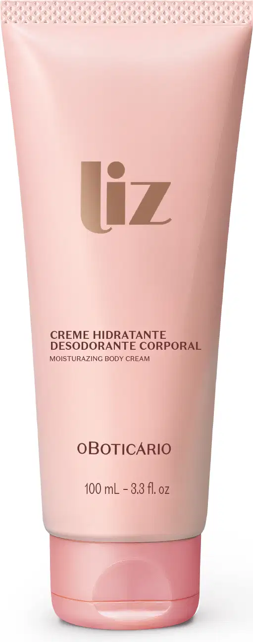 Bisnaga rosa om letras marrons contendo 100ml de creme desodorante hidratante corporal da marca Liz.