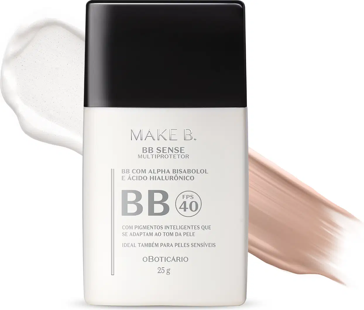 Frasco branco com tampa preta e letra cinza contendo 25g de BB Cream Multiprotetor FPS 40 da marca Make B. Sense na cor 1. Atrás do frasco encontra-se uma quantidade do produto mostrando sua tonalidade.