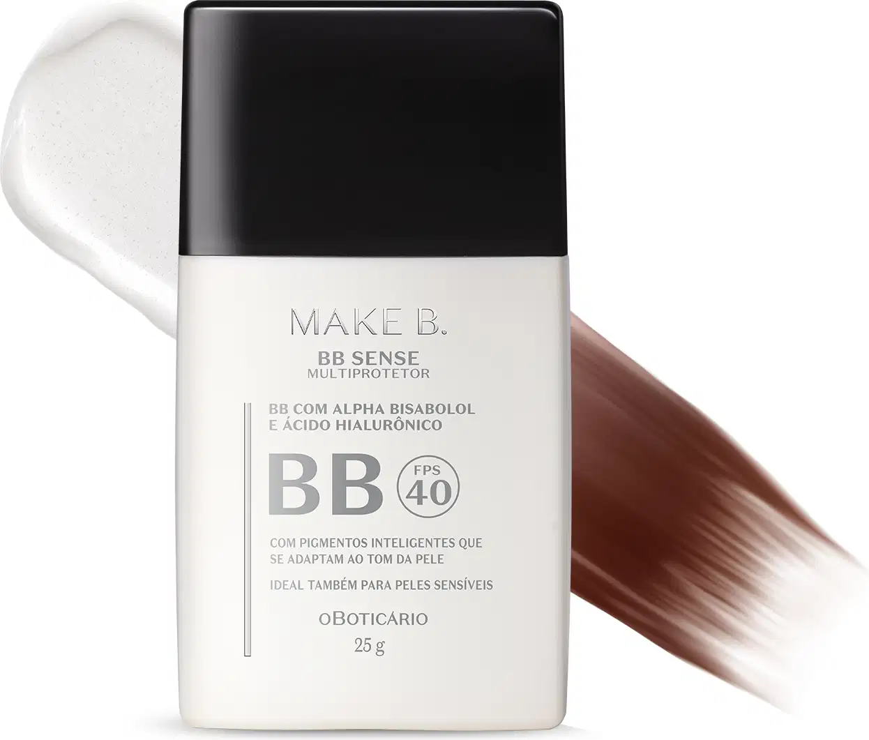Frasco branco com tampa preta e letra cinza contendo 25g de BB Cream Multiprotetor FPS 40 da marca Make B. Sense na cor 4. Atrás do frasco encontra-se uma quantidade do produto mostrando sua tonalidade.