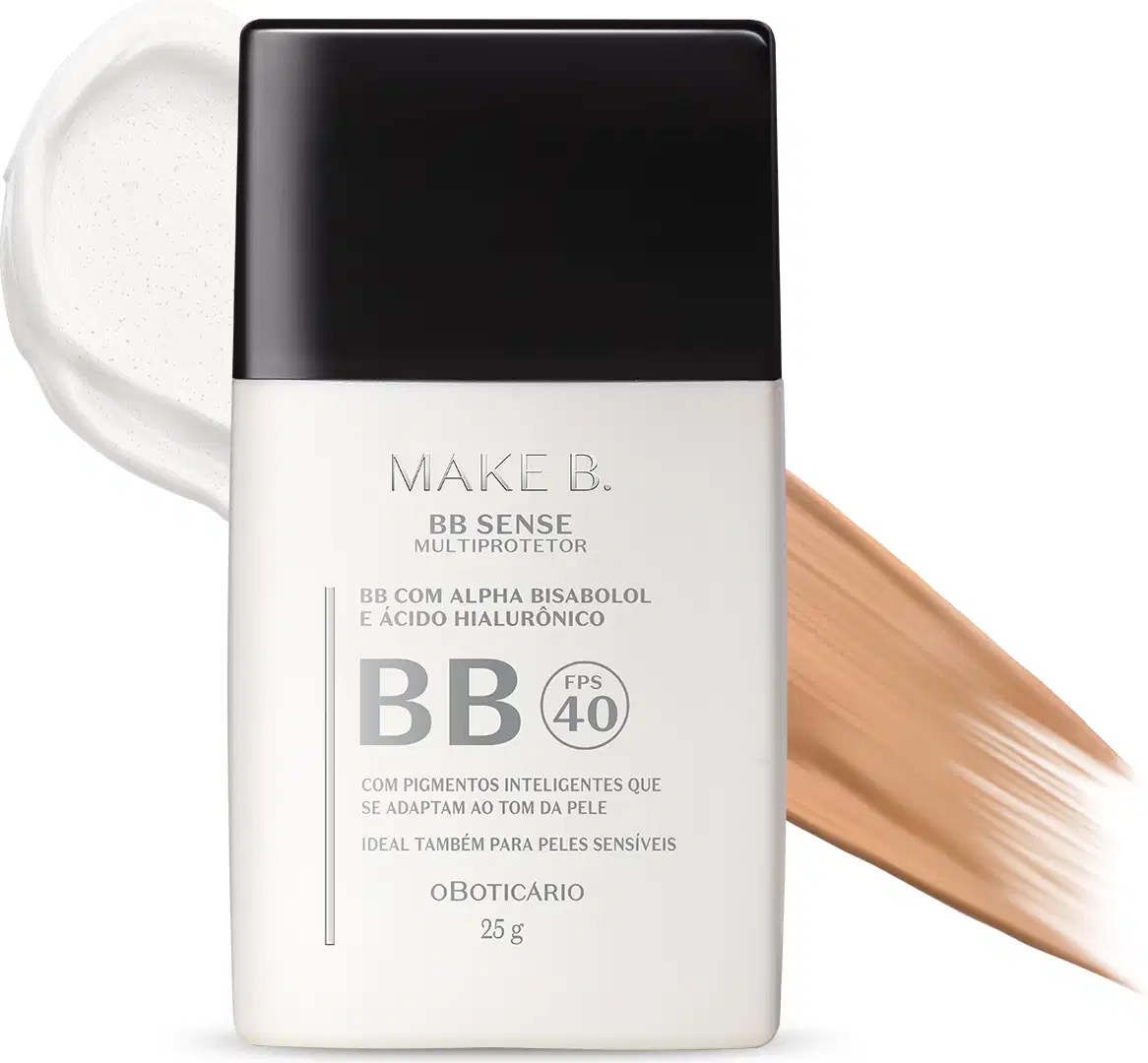 Frasco branco com tampa preta e letra cinza contendo 25g de BB Cream Multiprotetor FPS 40 da marca Make B. Sense na cor 3. Atrás do frasco encontra-se uma quantidade do produto mostrando sua tonalidade.