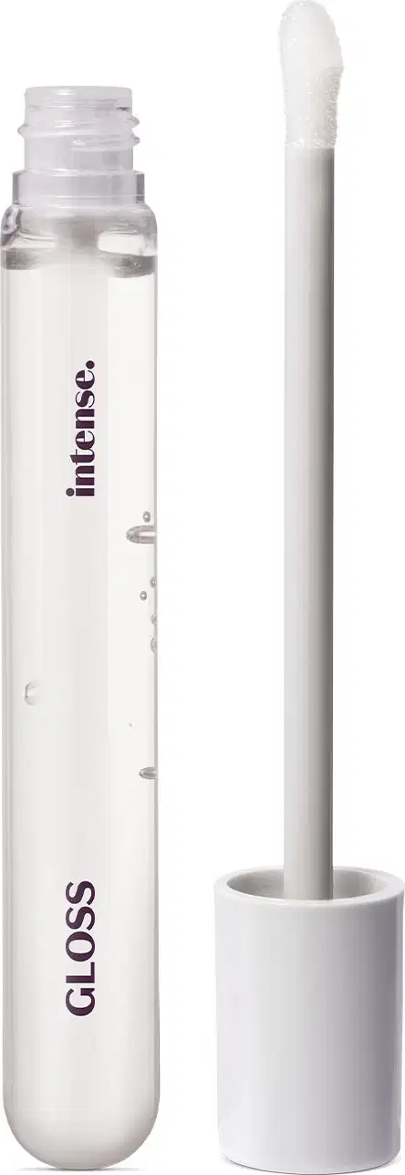 Gloss labial incolor da marca Intense em frasco transparente, mostrando o produto, tampa e haste cinza e esponja aplicadora branca.
