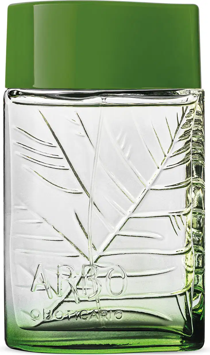 Frasco verde transparente com líquido claro, folhagens em relevo e tampa verde escuro contendo 100ml de desodorante colônia Arbo Puro.