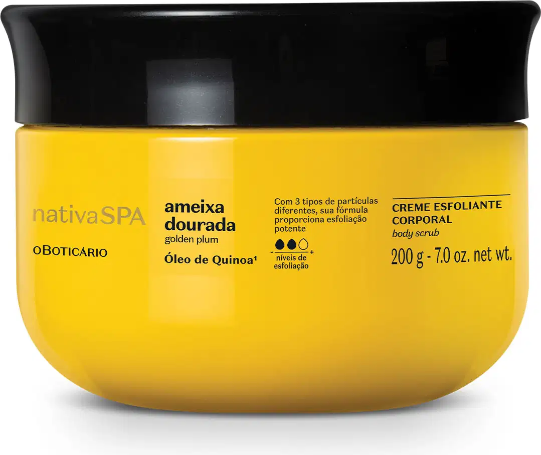 Pote amarelo com tampa e letras pretas contendo 200g de creme esfoliante corporal Nativa SPA Ameixa Dourada.