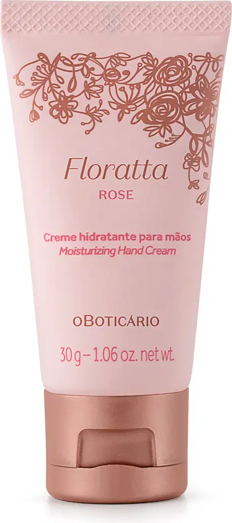 Bisnaga na cor rosa claro com detalhes florais e tampa na cor dourada contendo 30g de creme hidratante para as mãos Floratta Rose.
