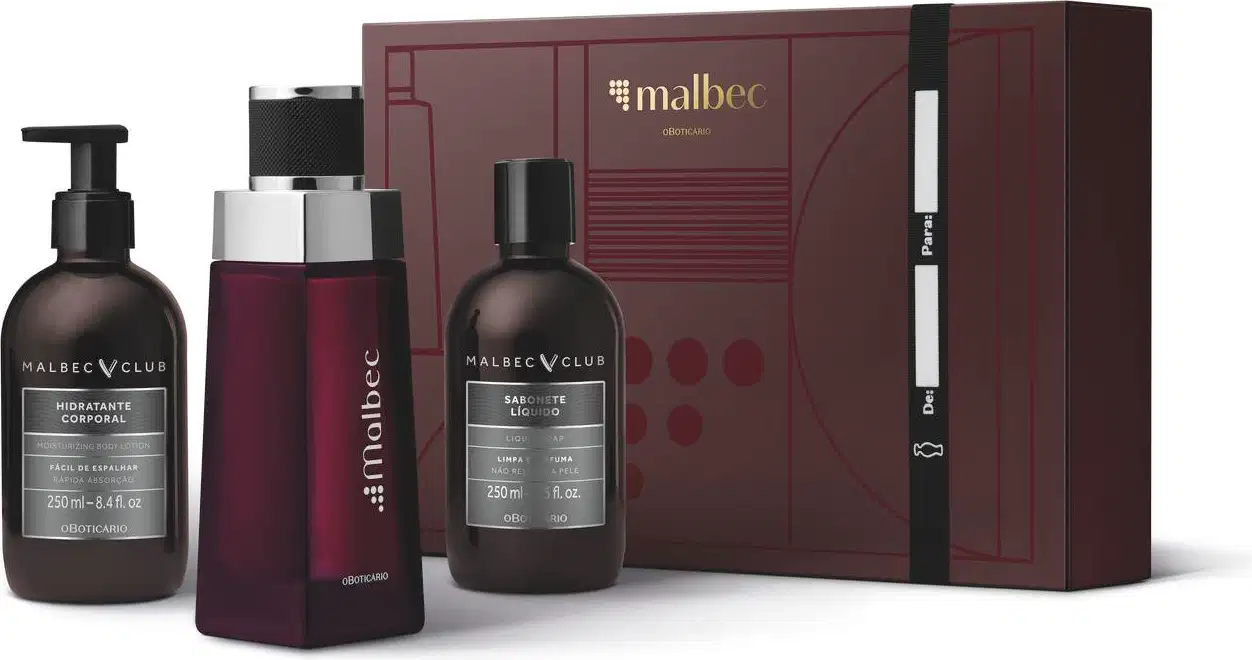 Quatro itens da marca Malbec em tons de vinho, cinza, dourado e preto, incluindo uma elegante caixa de presente com logo da marca, vidro de desodorante colônia e dois frascos, um de sabonete líquido e o outro de loção hidratante corporal.