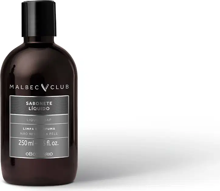 Frasco preto com rótulo em tons de cinza e dourado contendo 250ml de sabonete líquido corporal da marca Malbec.