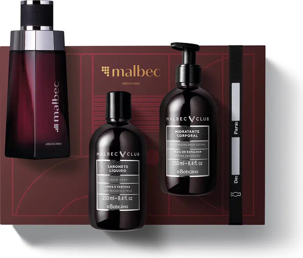 Quatro itens da marca Malbec em tons de vinho, cinza, dourado e preto, incluindo uma elegante caixa de presente com logo da marca, vidro de desodorante colônia e dois frascos, um de sabonete líquido e o outro de loção hidratante corporal.