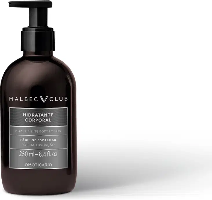 Frasco preto com bomba dosadora e rótulo em tons de cinza e dourado contendo 250ml de loção hidratante corporal da marca Malbec.