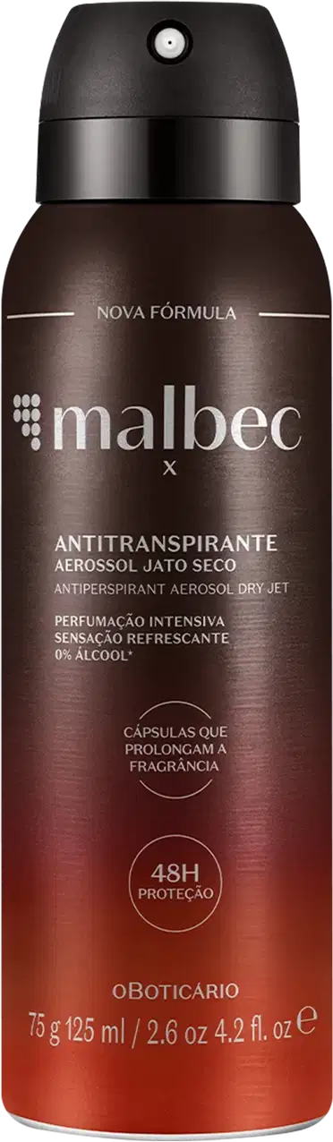 Frasco com degradê de marrom e laranja e letras cinzas contendo 75g/125ml de desodorante antitranspirante aerossol da marca Malbec.