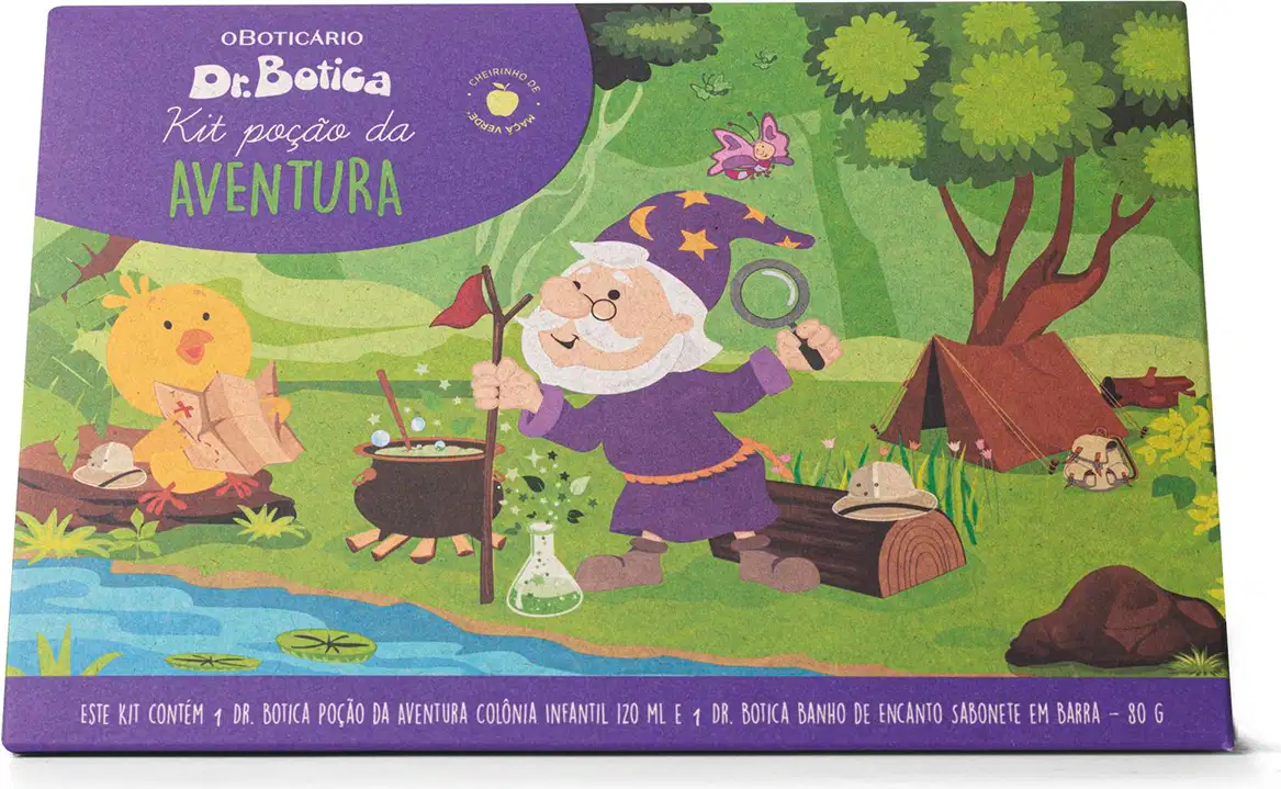Embalagem de papelão com ilustração de personagens da marca Dr. Botica e informações sobre os produtos contidos nesse kit.